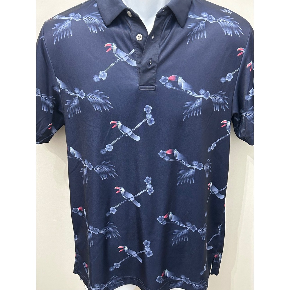 PGA TOUR Pro Series Linear Toucan Polo Shirt Navy Blue Athletic Fit Small